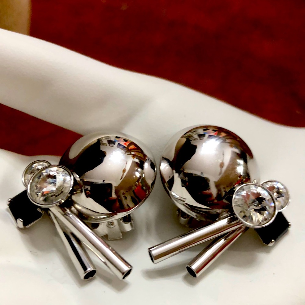 ASTEE VINTAGE DESIGNER ABSTRACT MODERNIST SILVER RHINESTONE BLACK ONYX EARRINGS